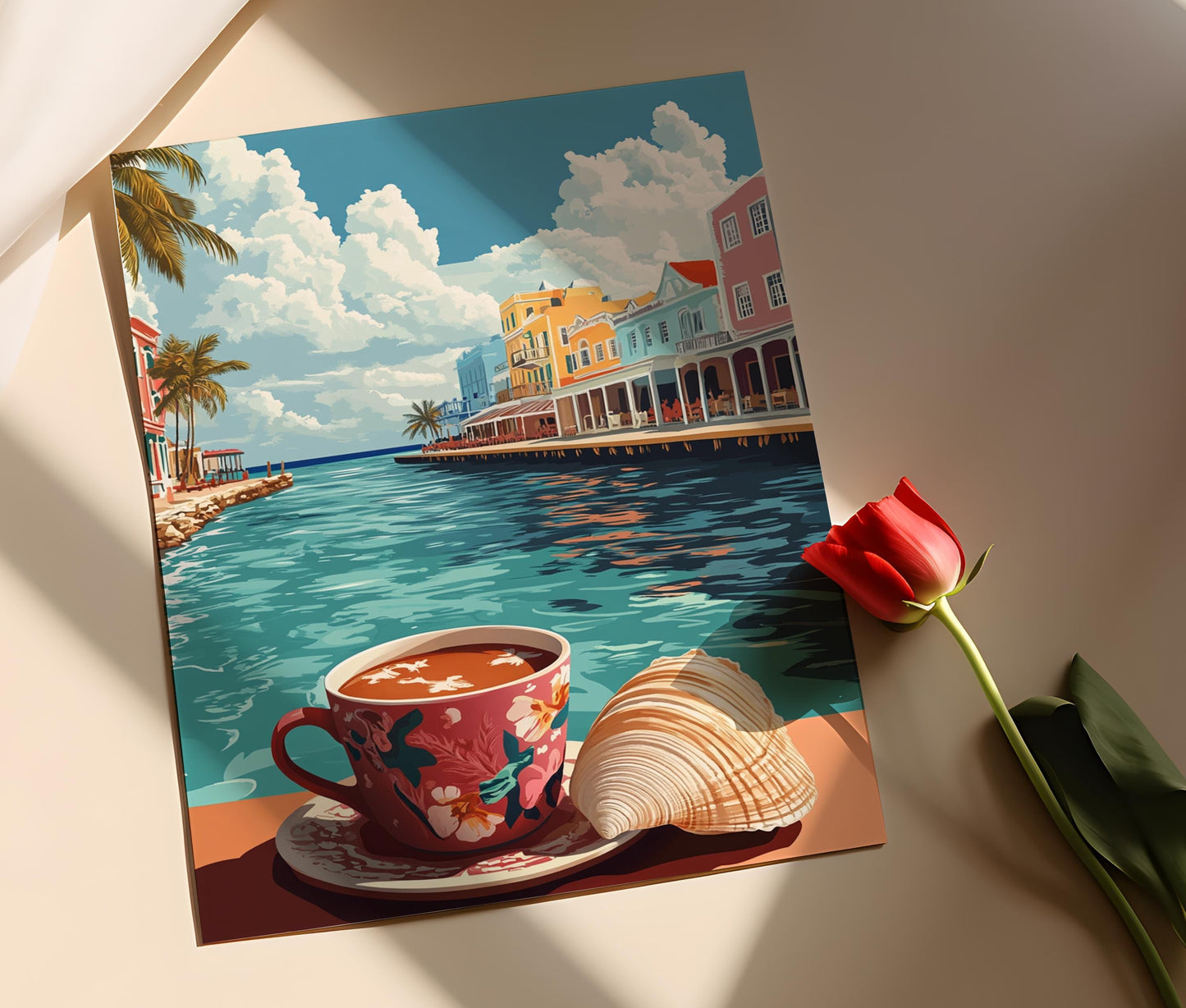 Affiche Chocolat Chaud à Nassau – Poster Scène Côtière Bahamienne