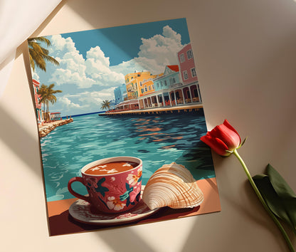 Affiche Chocolat Chaud à Nassau – Poster Scène Côtière Bahamienne