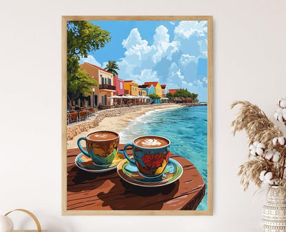 Affiche Chocolat Chaud à Oranjestad – Impression Côtière Vibrante