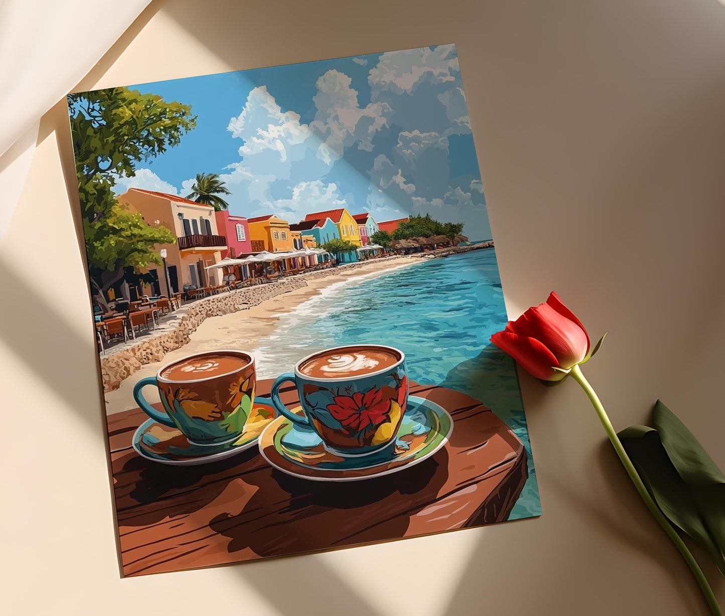 Affiche Chocolat Chaud à Oranjestad – Impression Côtière Vibrante