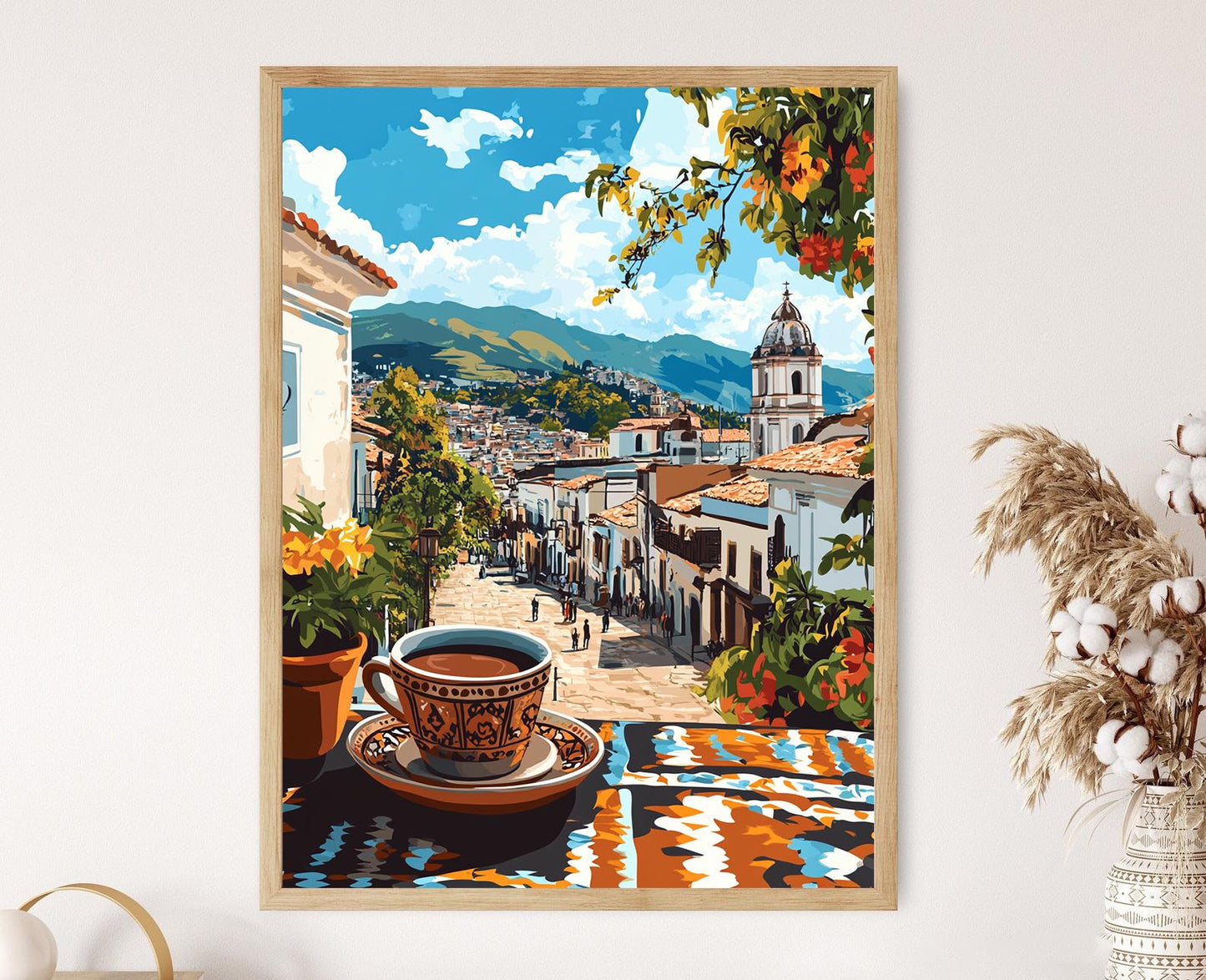 Affiche Chocolat en Taza – Poster Art Héritage Andin, Vue de la Plaza Coloniale