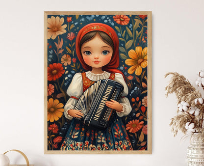 Affiche Fille Bulgare – Poster Art Imprimé en Costume Folk avec Accordéon