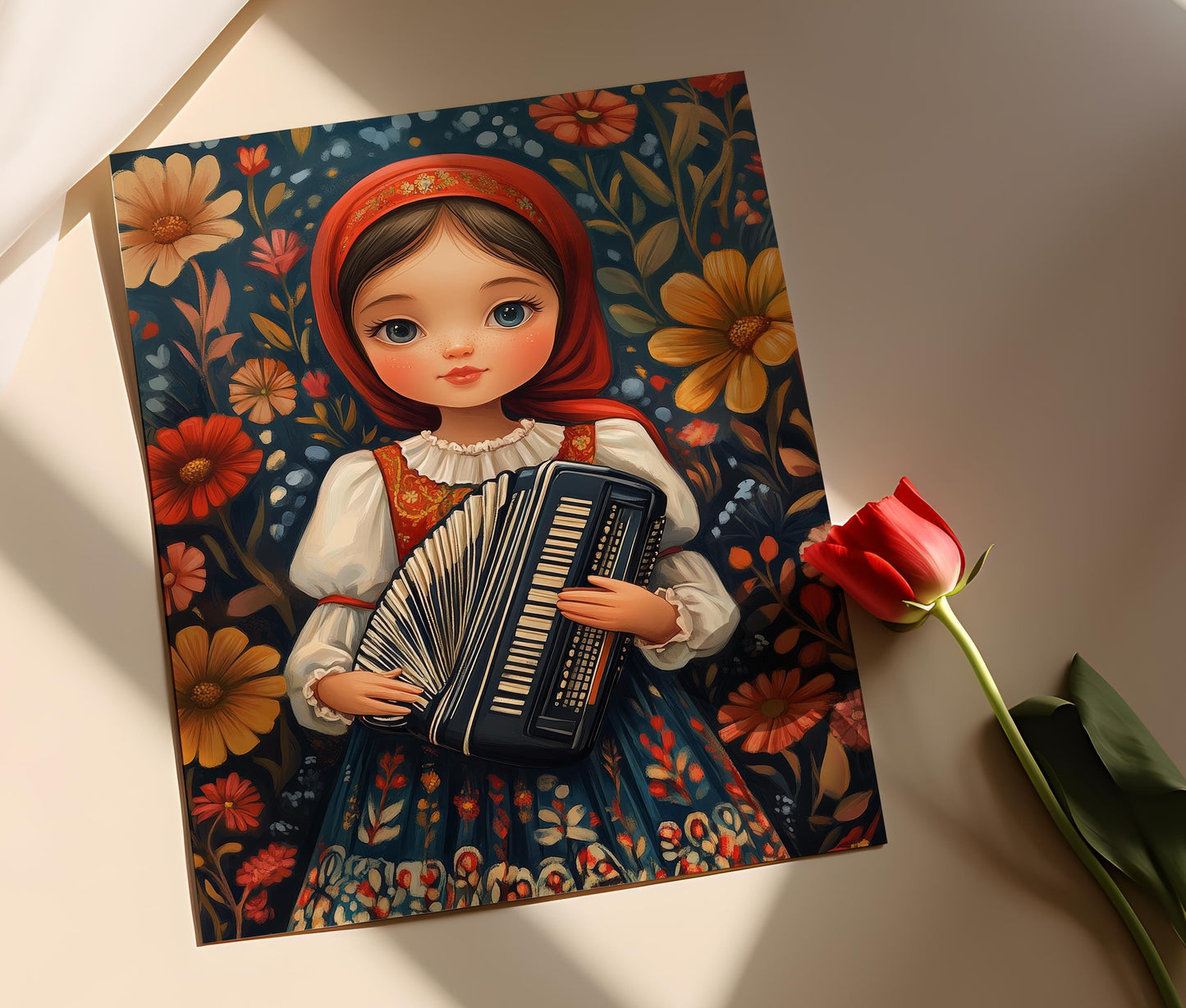 Affiche Fille Bulgare – Poster Art Imprimé en Costume Folk avec Accordéon