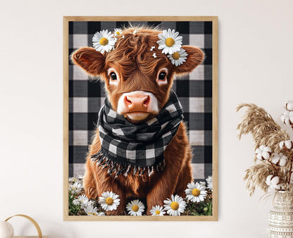 Affiche Vache des Highlands – Art avec Bébé Vache, Marguerites & Écharpe à Carreaux
