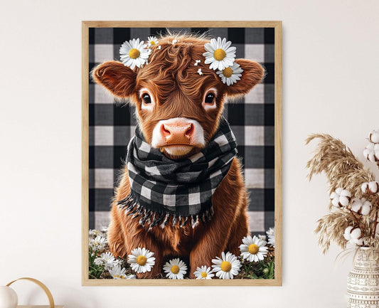 Affiche Vache des Highlands – Art avec Bébé Vache, Marguerites & Écharpe à Carreaux
