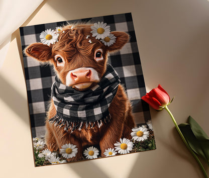 Affiche Vache des Highlands – Art avec Bébé Vache, Marguerites & Écharpe à Carreaux