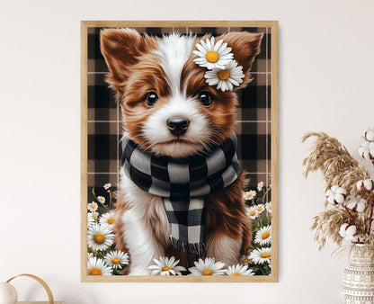 Affiche Chien Adorable – Impression Art avec Chiot et Fleurs, Décor Campagne