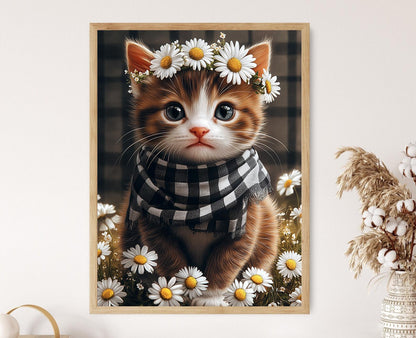 Affiche Chaton Adorable – Impression Art avec Couronne de Marguerites et Écharpe à Carreaux