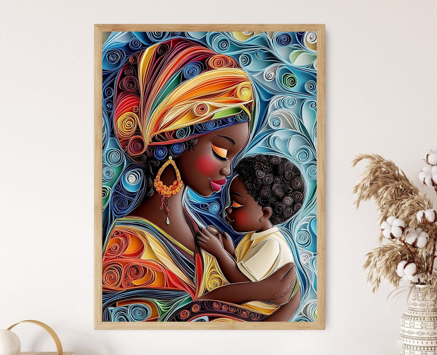 Affiche Art Quilling Mère et Enfant – Décor Coloré Patrimoine Africain