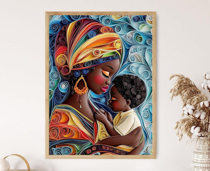 Affiche Art Quilling Mère et Enfant – Décor Coloré Patrimoine Africain