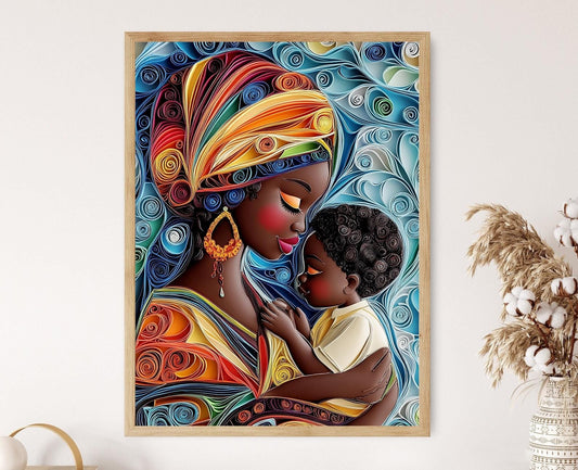 Affiche Art Quilling Mère et Enfant – Décor Coloré Patrimoine Africain