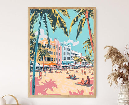Affiche Art Déco de South Beach – Impression Pastel Palmiers