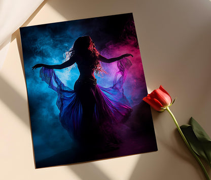 Affiche Danseuse Orientale – Impression Art avec Fumée Néon Rose et Bleue