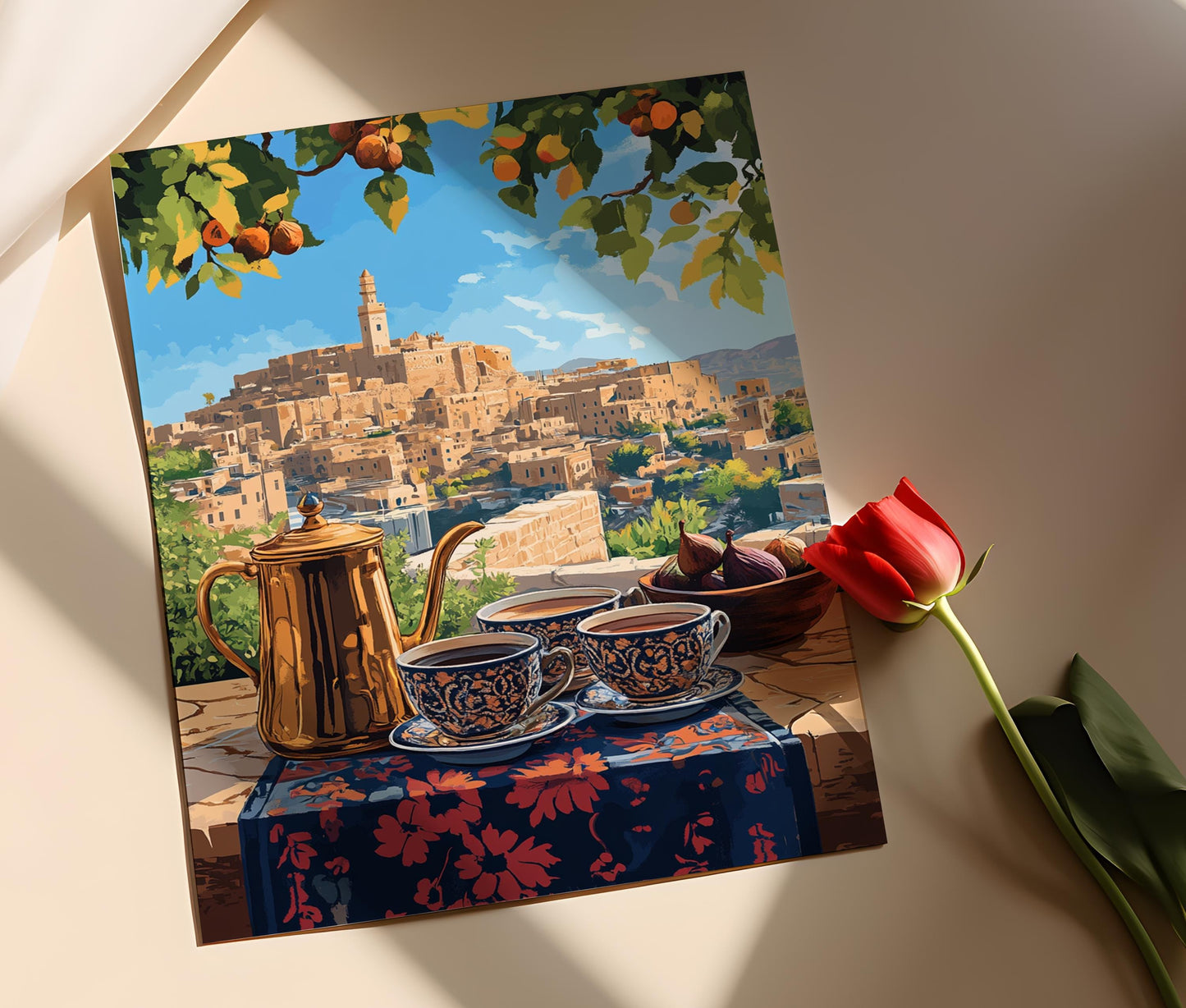 Affiche Café à Erbil – Poster Art Héritage Culturel Irakien, Vue sur la Citadelle