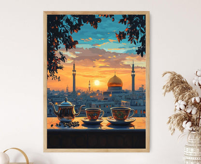 Affiche Najaf – Peinture Set de Café Irakien, Vue sur le Dôme Doré