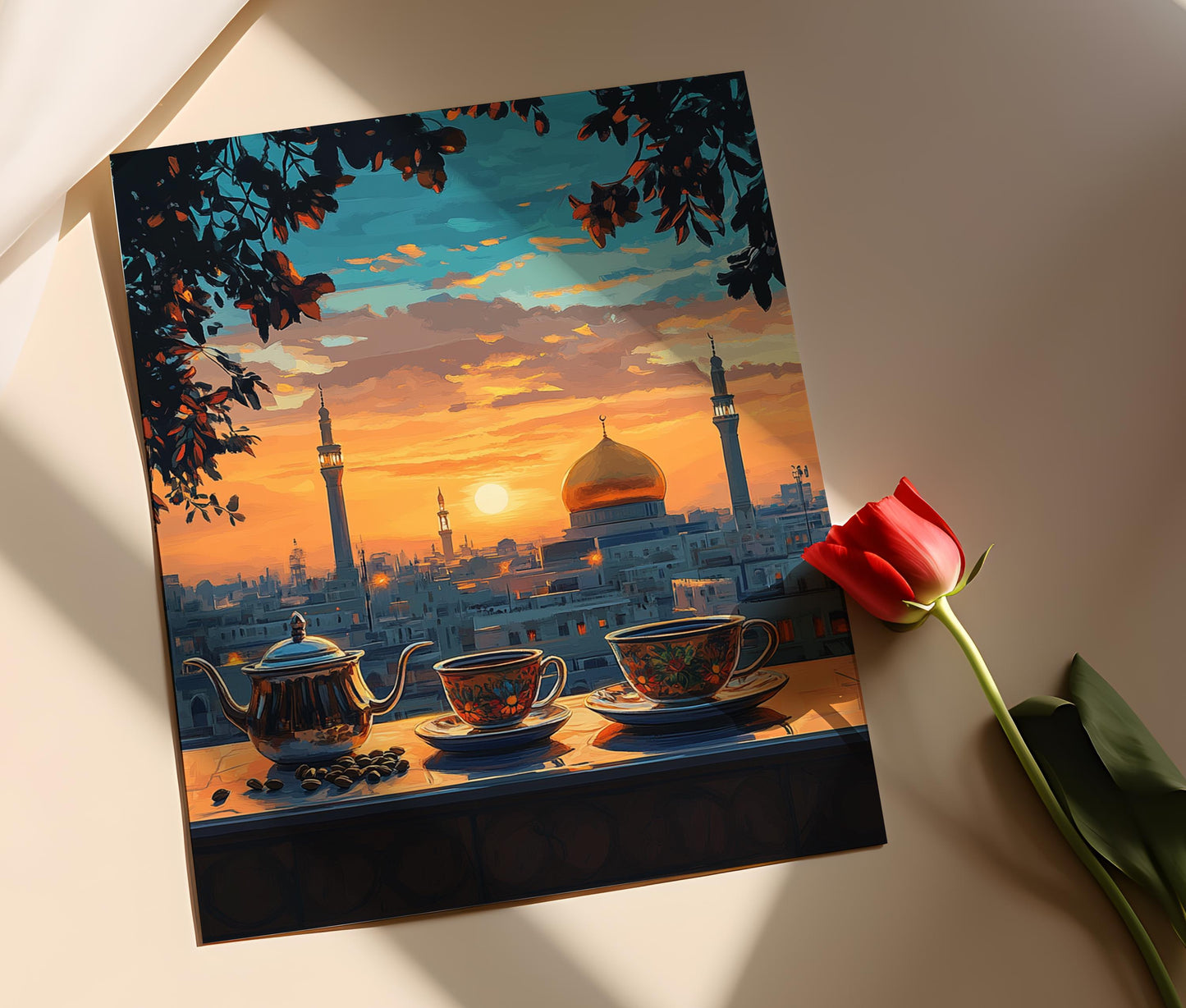 Affiche Najaf – Peinture Set de Café Irakien, Vue sur le Dôme Doré