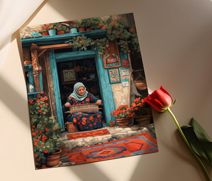 Affiche Femme Kurde Tissant un Kilim Irakien – Cadeau du Moyen-Orient