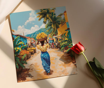 Affiche Marché Haïtien – Poster Femme Caraïbe avec Bananes