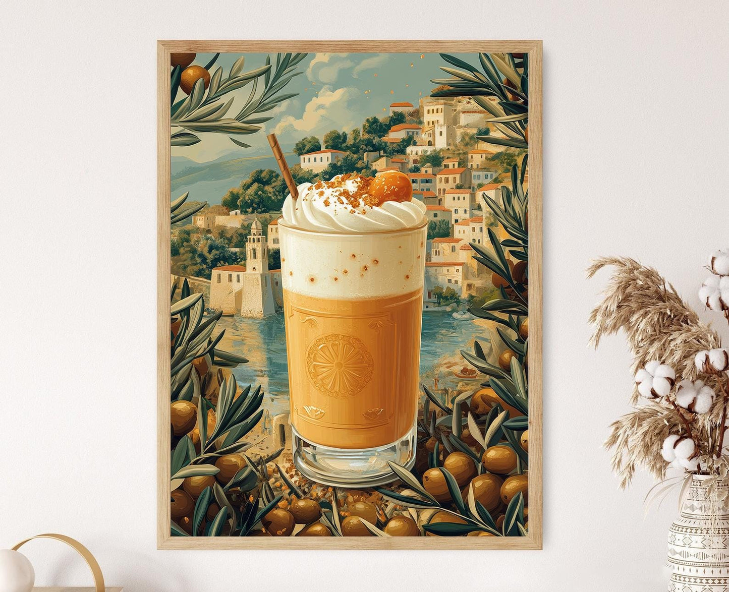 Affiche Frappe Grec – Poster Art Olive et Vue sur Mer