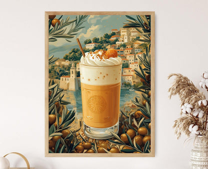 Affiche Frappe Grec – Poster Art Olive et Vue sur Mer
