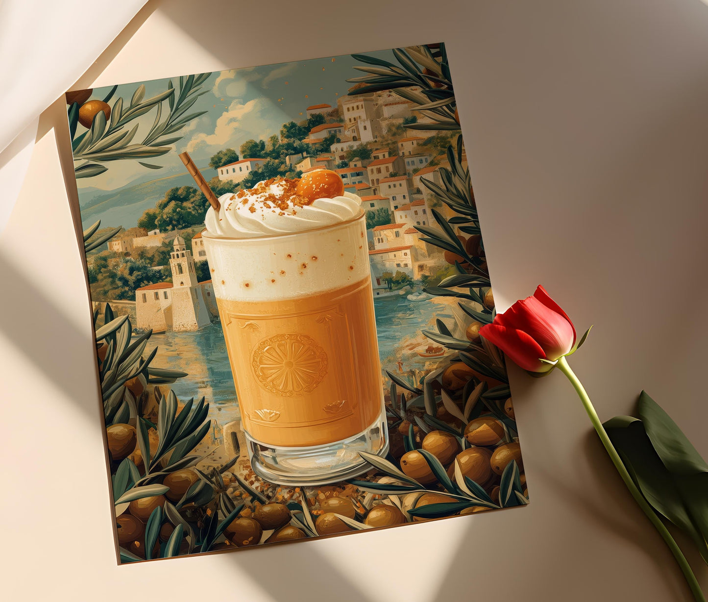 Affiche Frappe Grec – Poster Art Olive et Vue sur Mer