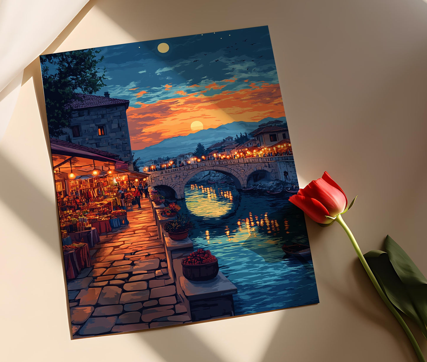 Affiche Pont de Pierre – Poster Art de Scène Nocturne à Skopje