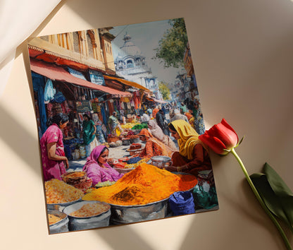 Affiche Marché Punjabi Amritsar – Poster Épices et Tissus Colorés