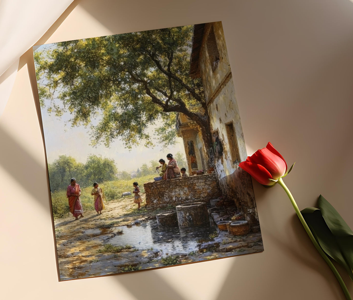 Affiche Matin au Punjab – Femme Ramassant de l'Eau, Lumière de l'Aube