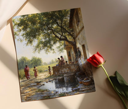 Affiche Matin au Punjab – Femme Ramassant de l'Eau, Lumière de l'Aube