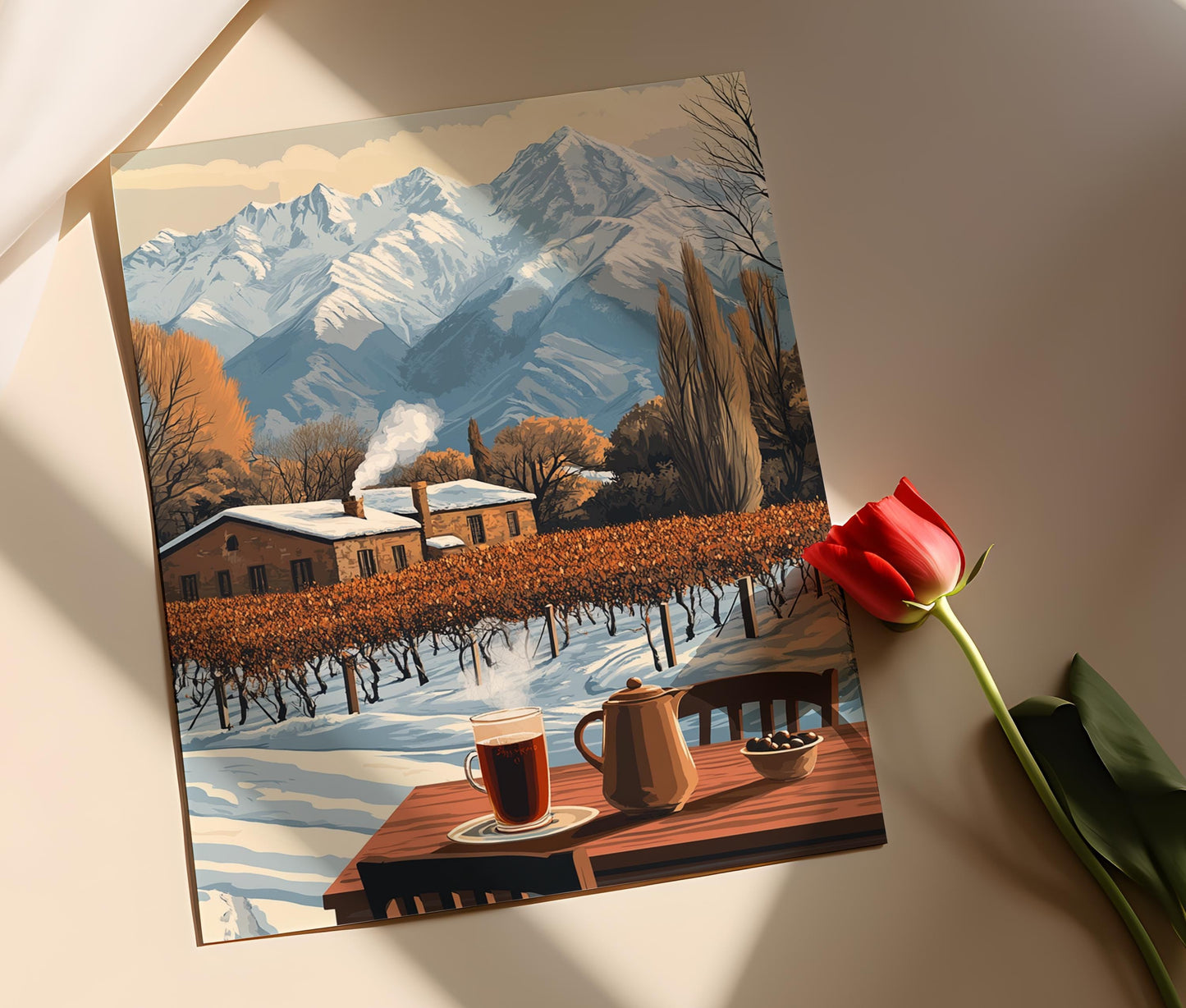 Affiche Hiver Mendoza – Poster Paysage Argentin Enneigé, Décor Vignoble