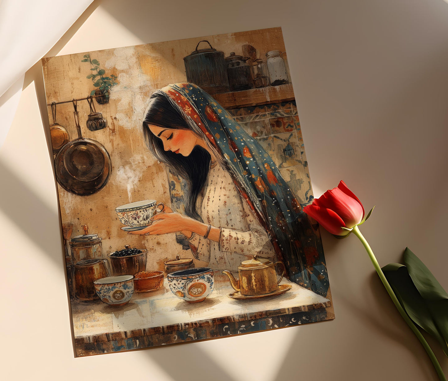 Affiche Thé Noir Kurde – Imprimé d'Art avec Tasses Ornées en Cuisine Rustique