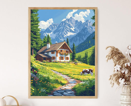 Affiche Ferme Bavaroise – Poster Illustration Scène Alpine Rustique