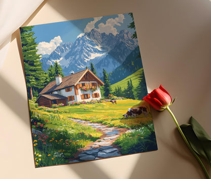 Affiche Ferme Bavaroise – Poster Illustration Scène Alpine Rustique