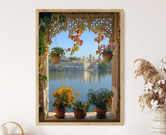 Affiche Udaipur – Poster Art de Lake Pichola et Fenêtres en Treillis
