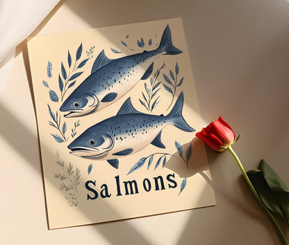 Affiche Vintage de Saumon – Illustration Nautique Bleue pour Cuisine Coastal