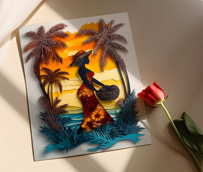 Affiche Femme Jamaïcaine – Poster Illustration avec Panier de Noix de Coco