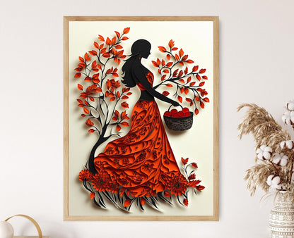 Affiche Femme Tamoule et Pommes – Illustration Chic Indienne