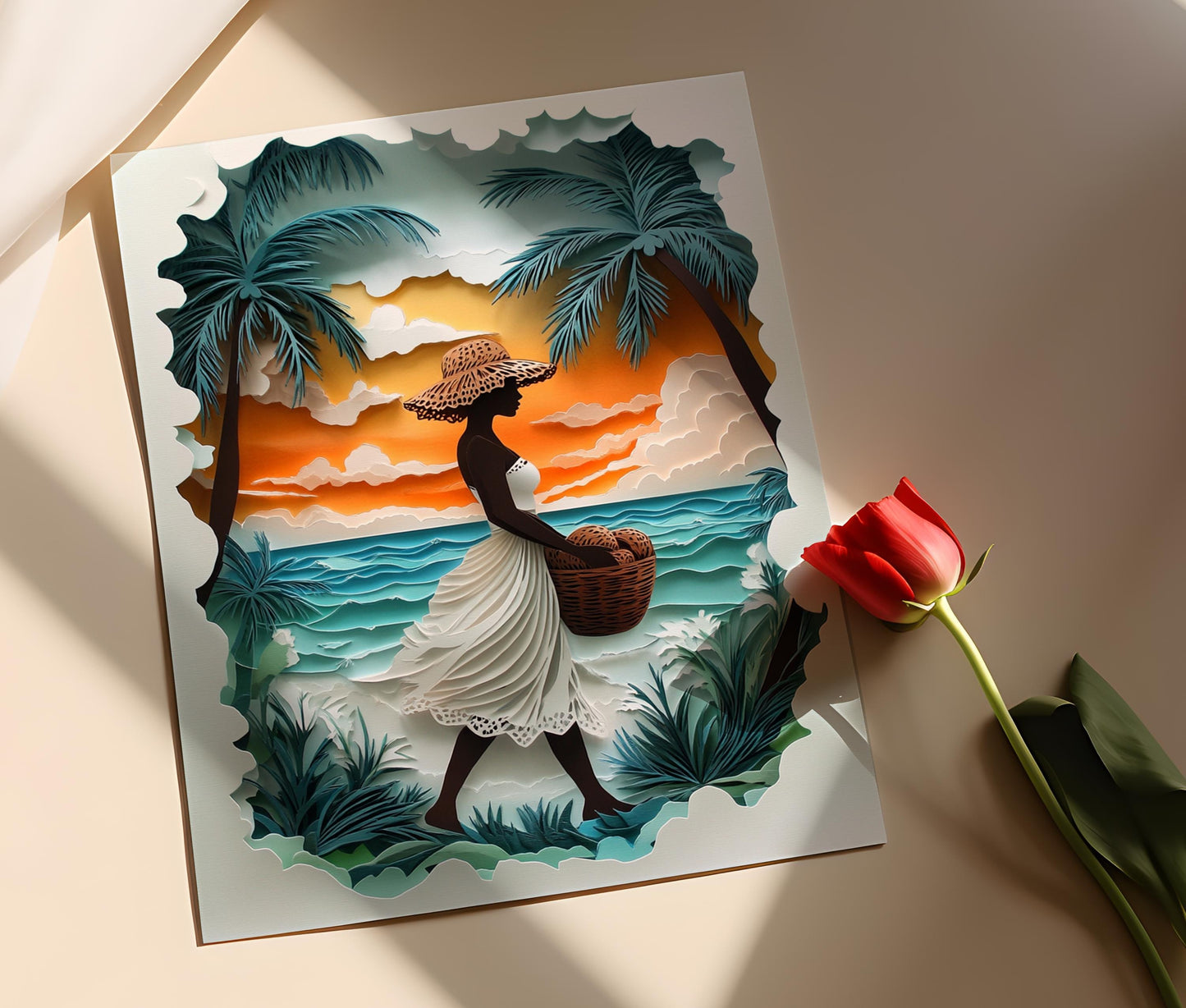 Affiche Femme de Barbade – Poster Illustration d'un Panier de Noix de Coco