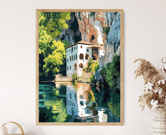 Affiche Blagaj Tekija – Poster Monastère Cliffside avec Reflet Apaisant