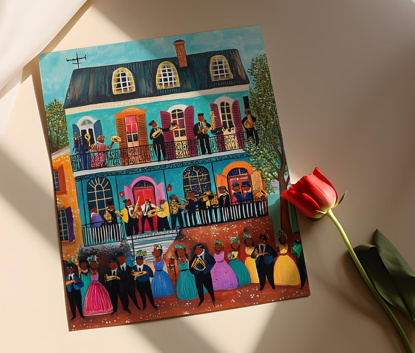 Affiche de la Nouvelle-Orléans – Art naïf, musiciens de jazz, Mardi Gras