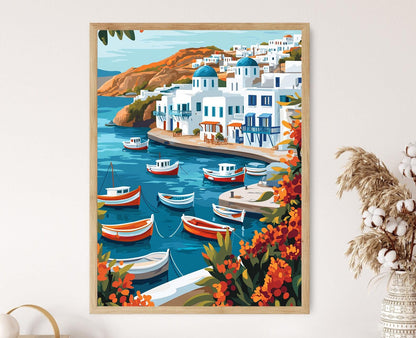 Affiche Mykonos – Poster Illustration côtière grecque colorée