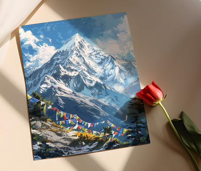 Affiche Mont Everest – Poster Paysage Majestueux avec Drapeaux de Prière