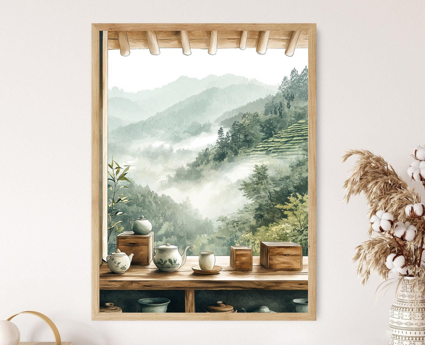 Affiche Accessoires de Thé Sylhet – Poster Décor en Céramique et Bois