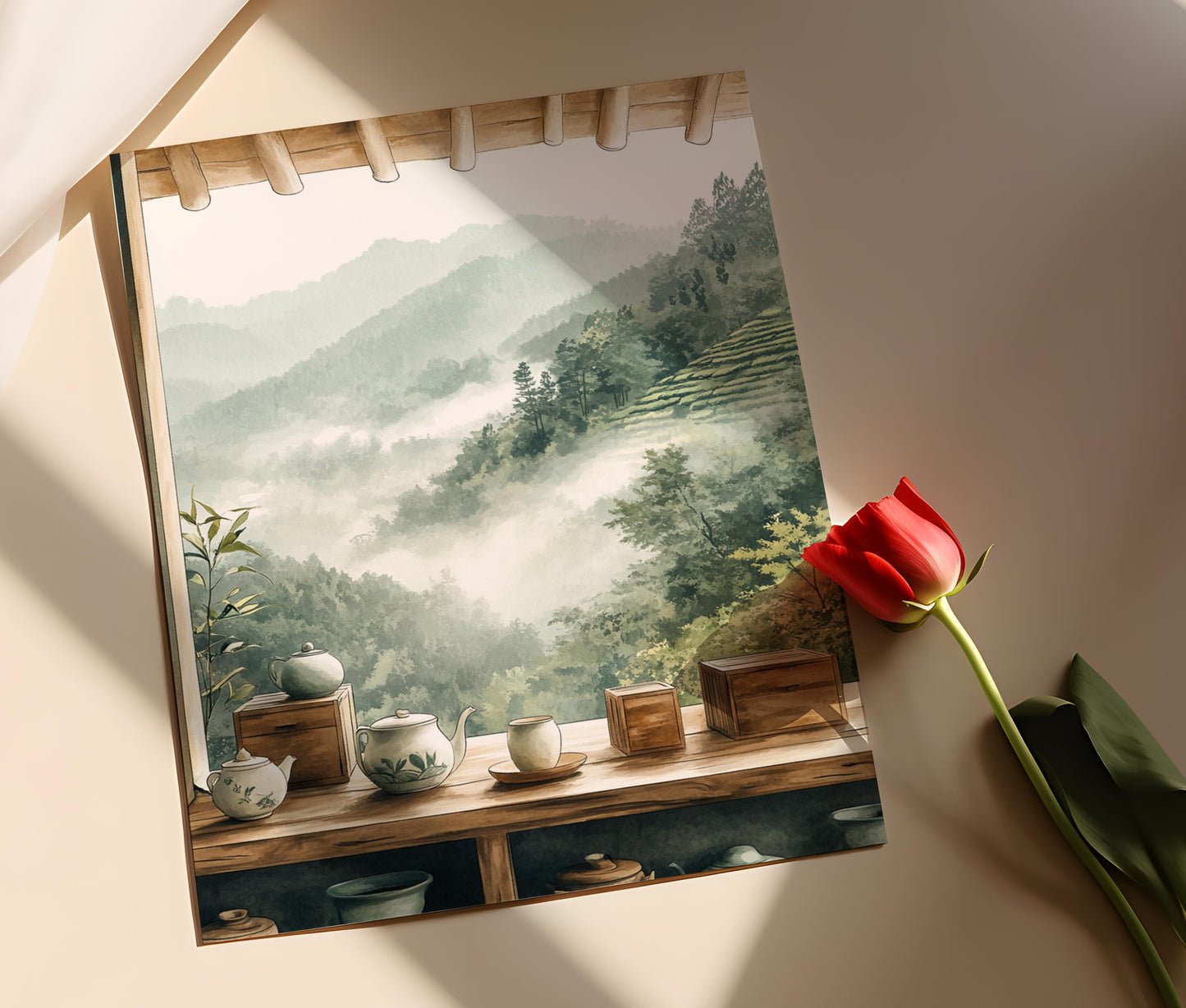 Affiche Accessoires de Thé Sylhet – Poster Décor en Céramique et Bois