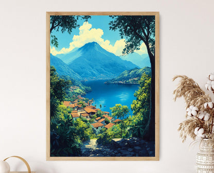 Affiche Lac Atitlán – Poster Art avec Eau Bleue Profonde et Volcans