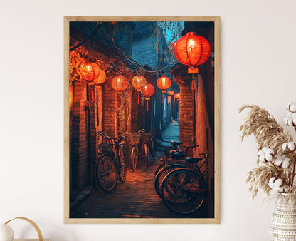 Affiche Beijing Hutong – Poster Art des Lanternes Rouges et Vélos