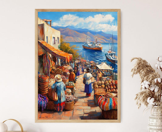 Affiche Marché Chilien – Poster Art de Fruits de Mer et Artisanat en Cuivre