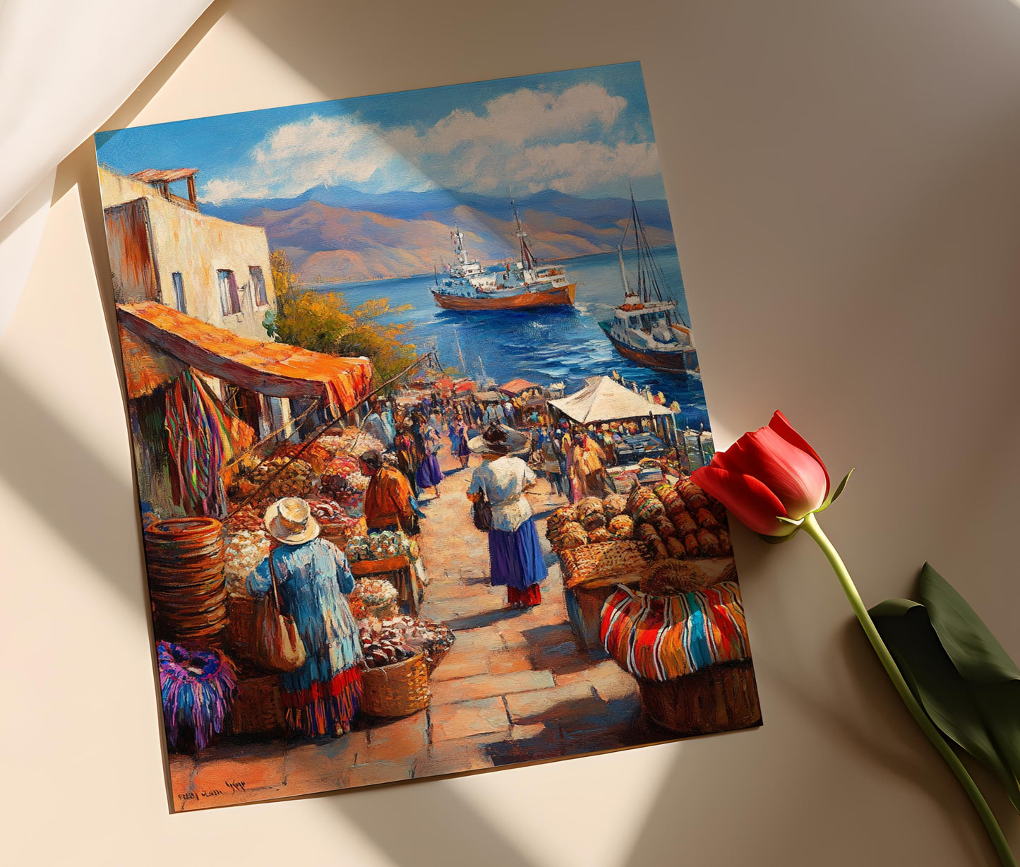 Affiche Marché Chilien – Poster Art de Fruits de Mer et Artisanat en Cuivre