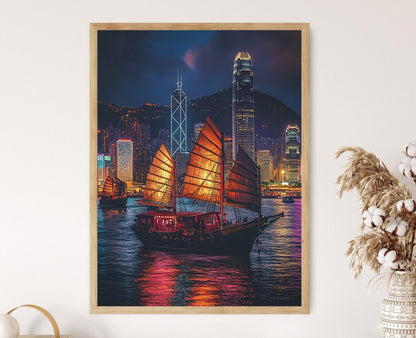 Affiche Port de Hong Kong – Poster Skyline de Victoria avec Junk Traditionnels