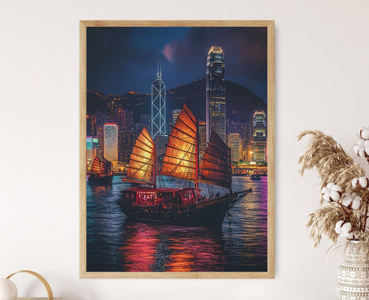 Affiche Port de Hong Kong – Poster Skyline de Victoria avec Junk Traditionnels